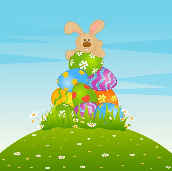 Conejo de Pascua con huevos de colores. Tarjeta de Pascua — Vector de stock
