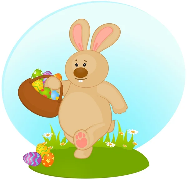 Easter Bunny with basket and colored eggs. Easter card — Stock Vector