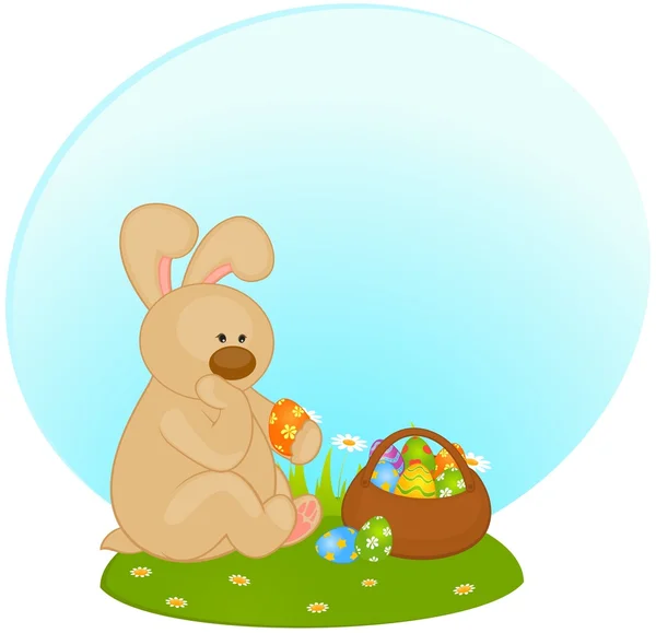 Coelhinho da Páscoa com cesta e ovos coloridos. Cartão de Páscoa — Vetor de Stock