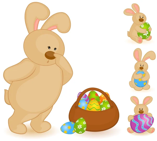 Пасхальный кролик с корзиной и цветными яйцами. Пасхальная карточка — стоковый вектор