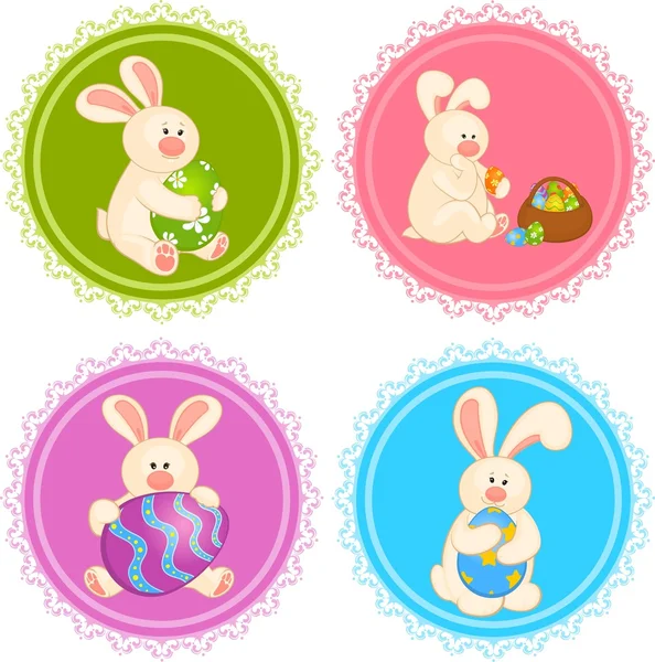 Conejo de Pascua con cesta y huevos de colores. Tarjeta de Pascua — Vector de stock