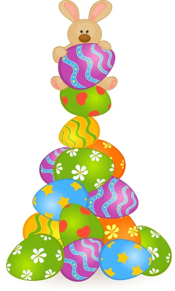 Lapin de Pâques avec des œufs colorés. Carte de Pâques — Image vectorielle
