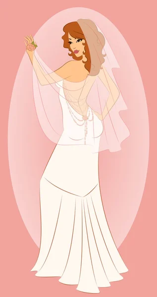 Mooie bruid in witte jurk. — Stockvector