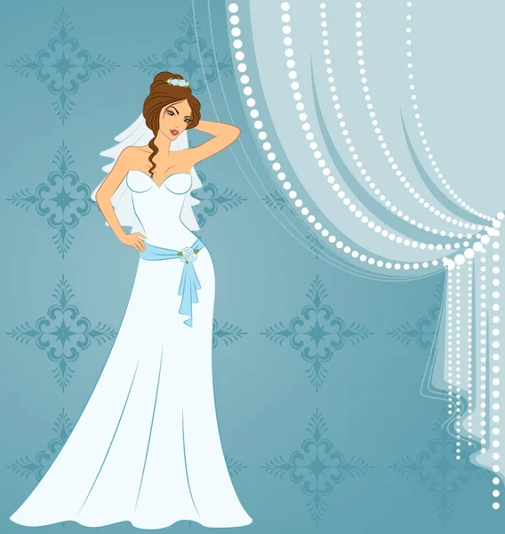 Beautiful bride in white dress. — Stock Vector
