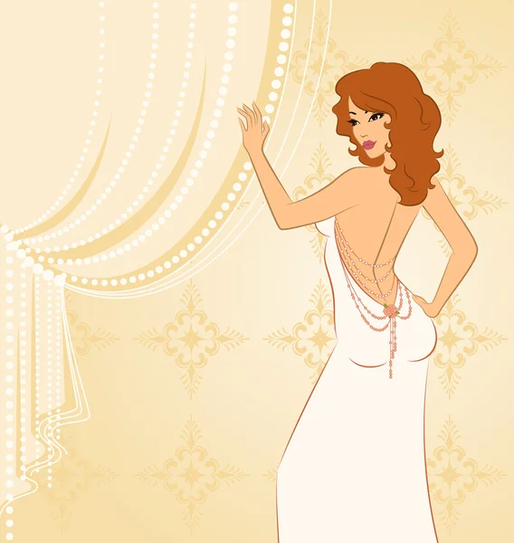 Mooie bruid in witte jurk. — Stockvector