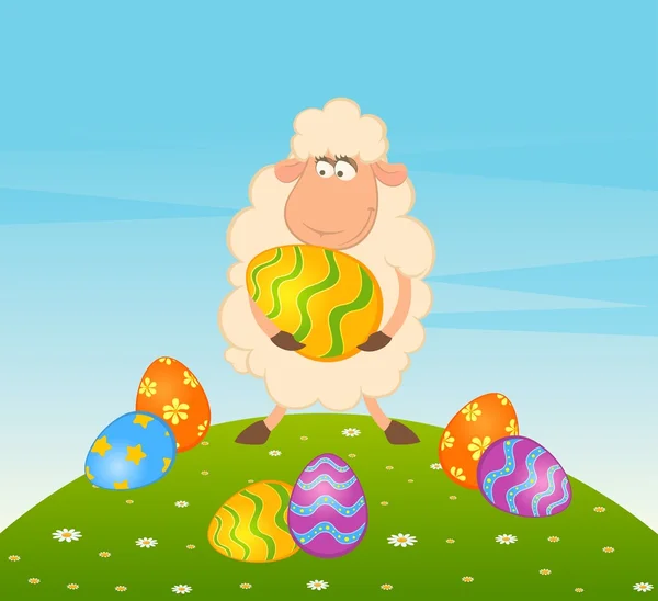 Osterschafe mit farbigem Ei. Osterkarte — Stockvektor