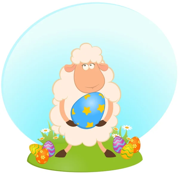 Ovelha de Páscoa com ovo colorido. Cartão de Páscoa — Vetor de Stock