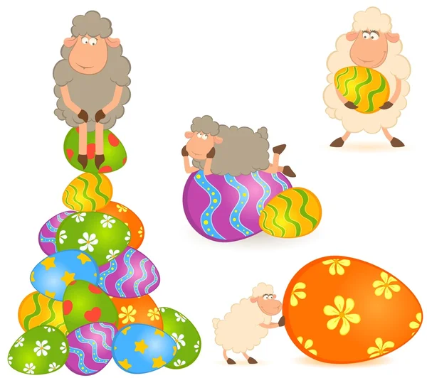 Pecora pasquale con uovo colorato. Biglietto di Pasqua — Vettoriale Stock