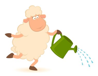 Vector illustration of cartoon sheep pours from a watering-can clipart