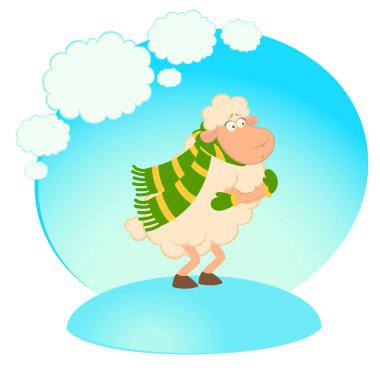 Cartoon funny sheep freezes in a scarf. clipart