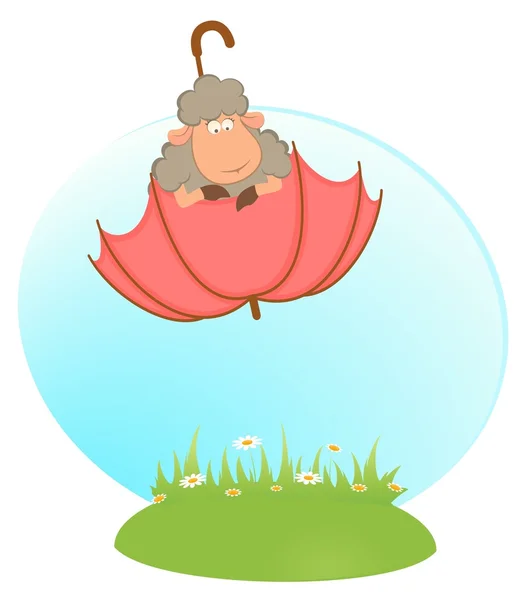 Illustrazione vettoriale di pecore dei cartoni animati vola su un ombrello rosso — Vettoriale Stock