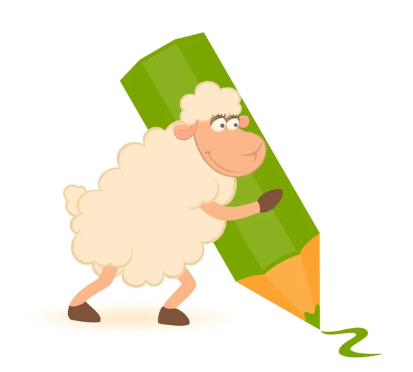 Cartoon sheep with green pencil on white background. Vector. — Stock Vector