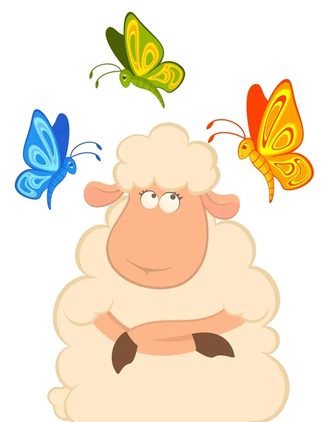 Cartoon funny sheep with beautiful butterflies — Stock Vector