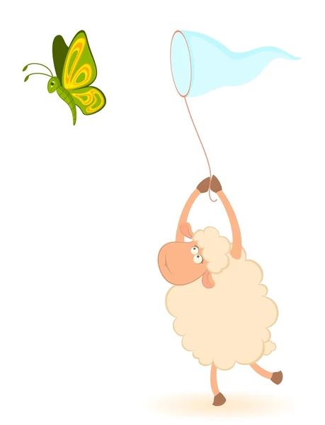 卡通搞笑羊与美丽的蝴蝶 — 图库矢量图片