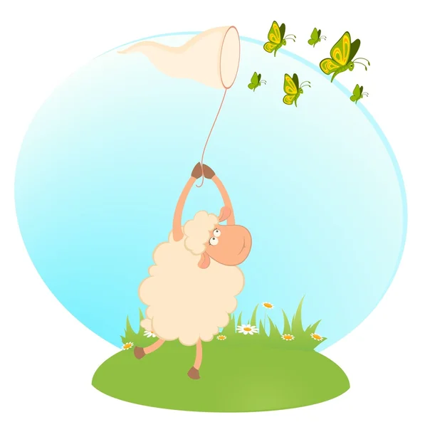 卡通搞笑羊与美丽的蝴蝶 — 图库矢量图片