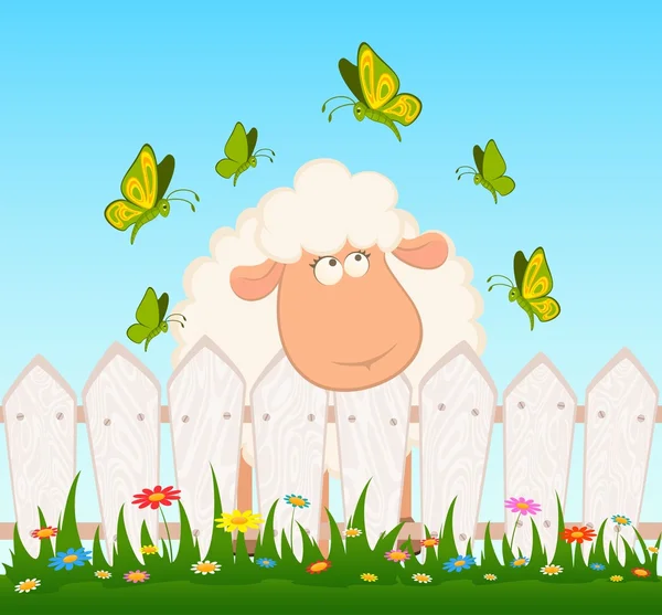 Cartoon funny sheep with beautiful butterflies — Stock Vector