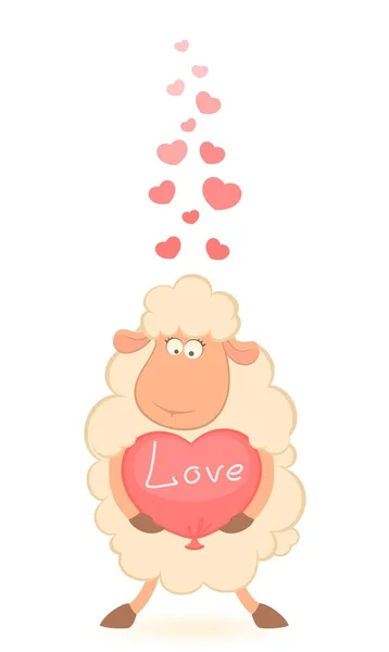 Vektor kreslené vtipné ovce drží srdce — Stockový vektor