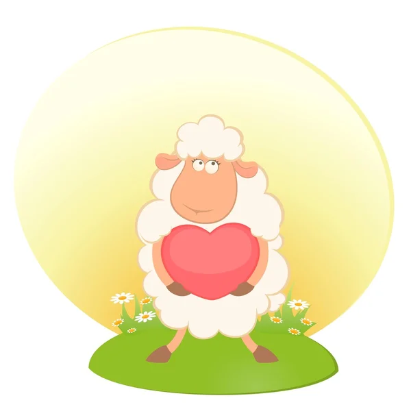 Векторный мультфильм смешная овца держит сердце — стоковый вектор