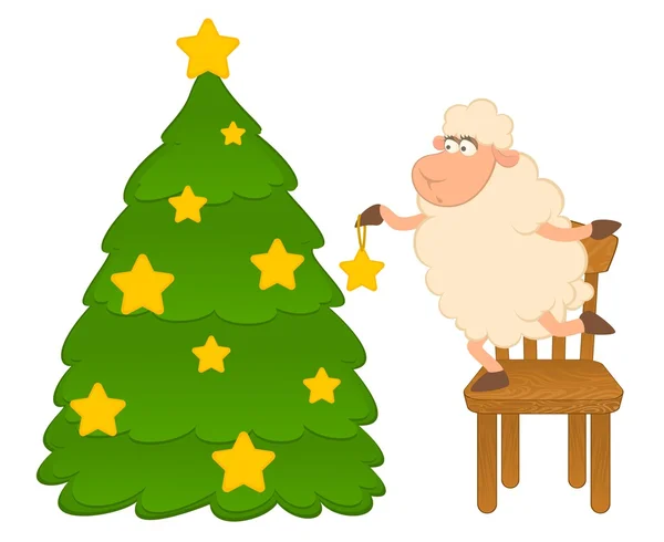 Мультфильм смешная овца одевает елку. Векторная иллюстрация — стоковый вектор
