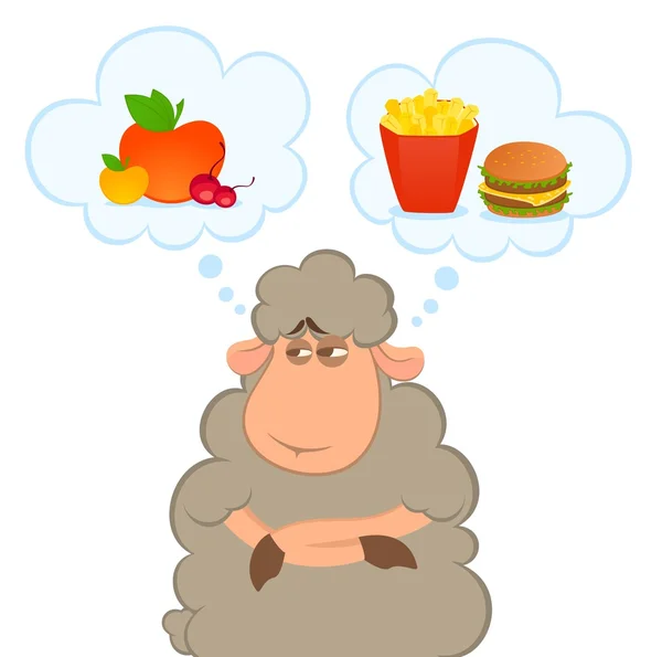 Ilustración de las ovejas de dibujos animados piensa en la comida — Vector de stock