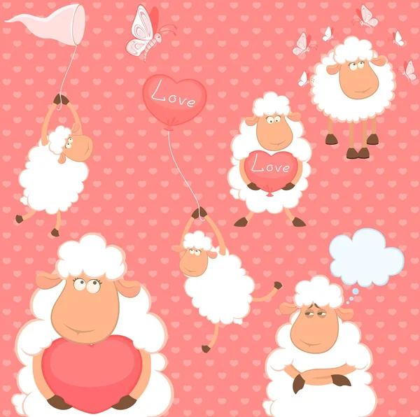 Vettore insieme di cartone animato pecore divertenti con cuore — Vettoriale Stock