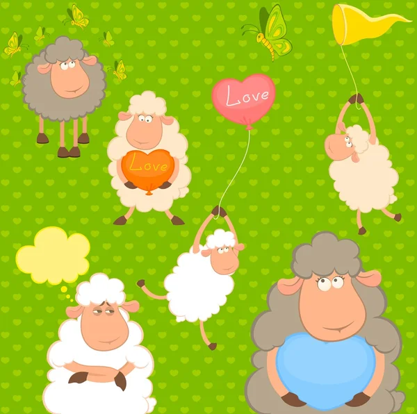 Vector set cartoon grappige schapen met hart — Stockvector