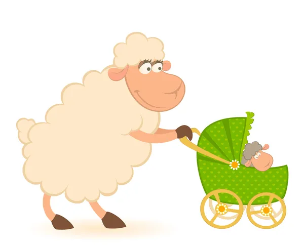 Karikatur lächelnde Schafe mit kritzelndem Kinderwagen — Stockvektor
