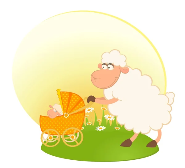 Karikatur lächelnde Schafe mit kritzelndem Kinderwagen — Stockvektor