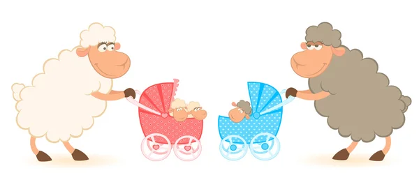 Desenhos animados ovelhas sorridentes com carruagem de bebê rabisco — Vetor de Stock