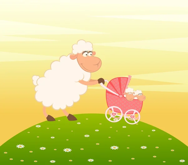 Cartoon glimlachend schapen met Krabbel kinderwagen — Stockvector