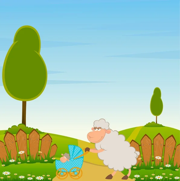 Koyun karalama bebek arabası ile gülümseyen karikatür — Stok Vektör