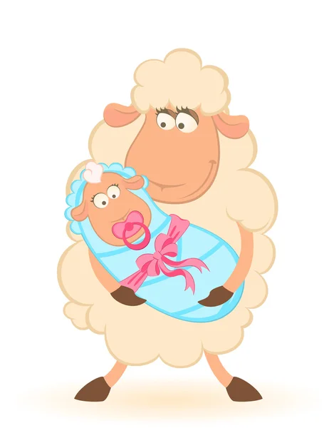 Cartoon smiling sheep mother with infant baby — Stock Vector