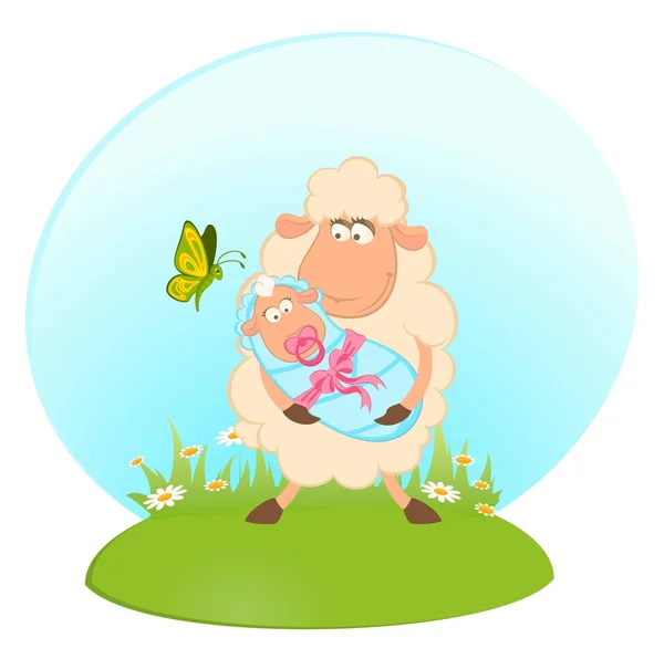 Cartoon smiling sheep mother with infant baby — Stock Vector