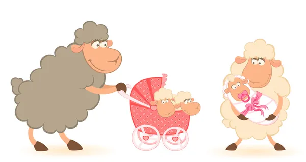 Desenhos animados mãe ovelhas sorridente com bebê infantil isolado em um backgroun branco — Vetor de Stock