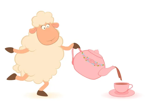 Ilustración de dibujos animados ovejas vierte té de una tetera en una taza — Vector de stock