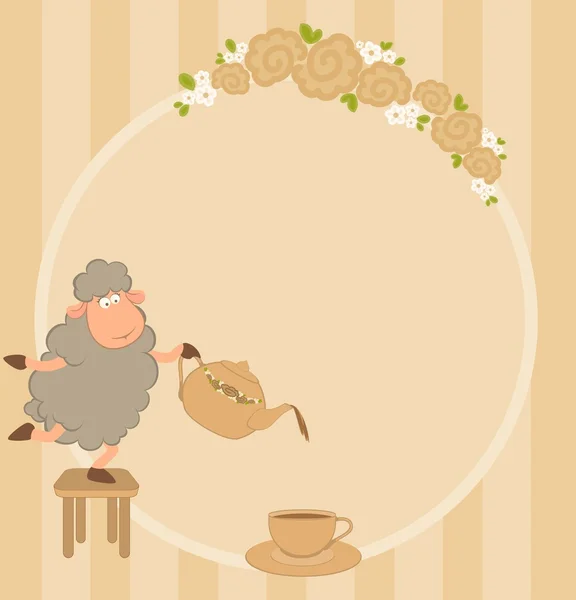 Ilustrace kreslené ovcí nalévá čaj z konvice v šálku — Stockový vektor