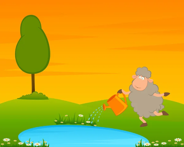 Desenhos animados ovelhas engraçadas na paisagem do país com árvore e lago. Vector illustr — Vetor de Stock