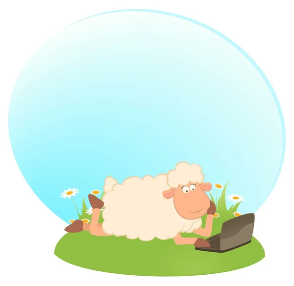 Cartoni animati pecore e laptop — Vettoriale Stock
