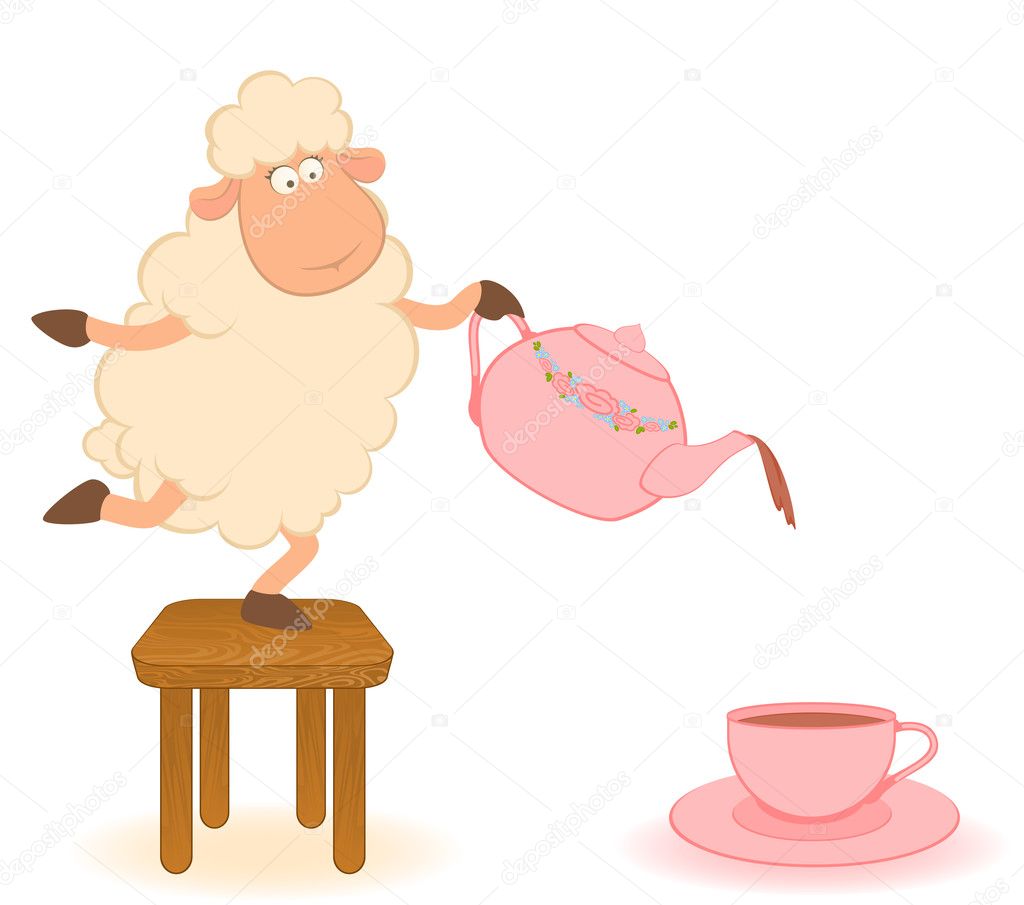 Illustration of cartoon sheep pours tea from a tea-pot in a cup