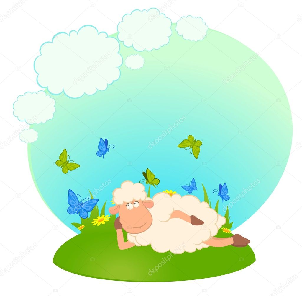 Landscape background with cartoon sheep