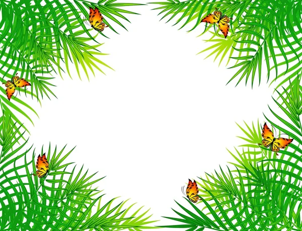 Hermosas ramas de palma con mariposas. Vector — Vector de stock