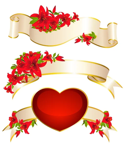 Kırmızı kalp şerit ve güzel çiçekler. vektör — Stok Vektör