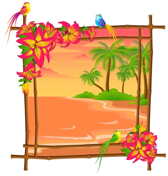 Praia de verão bonita com pássaros e flores — Vetor de Stock
