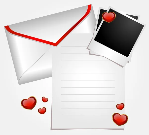 Envelope com moldura de foto em branco e corações — Vetor de Stock