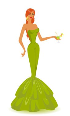 elinde bir kokteyl ile bir gece elbisesi içinde güzel bir kadın