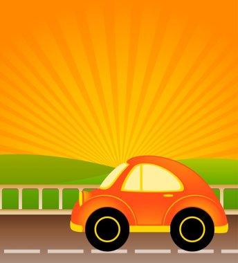 Vector cartoon car on a background summer landscape clipart