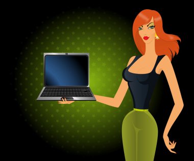 Beautiful woman, showing a palm laptop