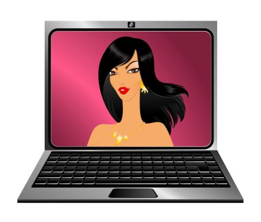 Beyaz bir arka planda kadın simgesiyle laptop