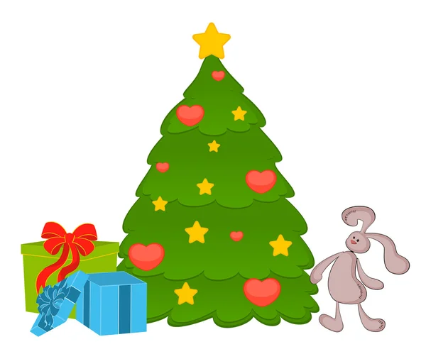 Cartoon little toy bunny and fir tree — Stock Vector