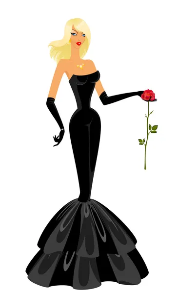 Mulher bonita em um vestido da tarde com uma rosa em mãos — Vetor de Stock